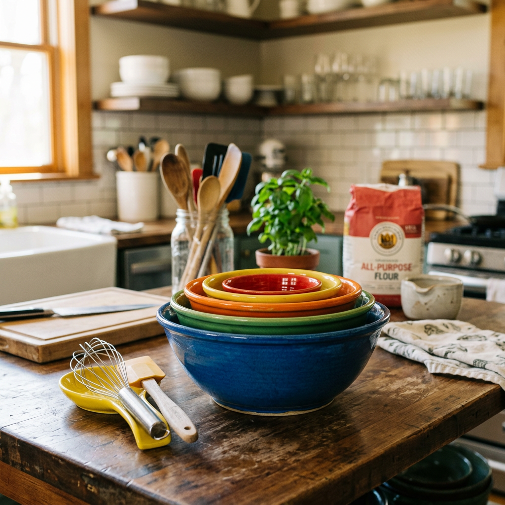 Stacked colorful mixing bowls on a wooden kitchen table with utensils and baking ingredients