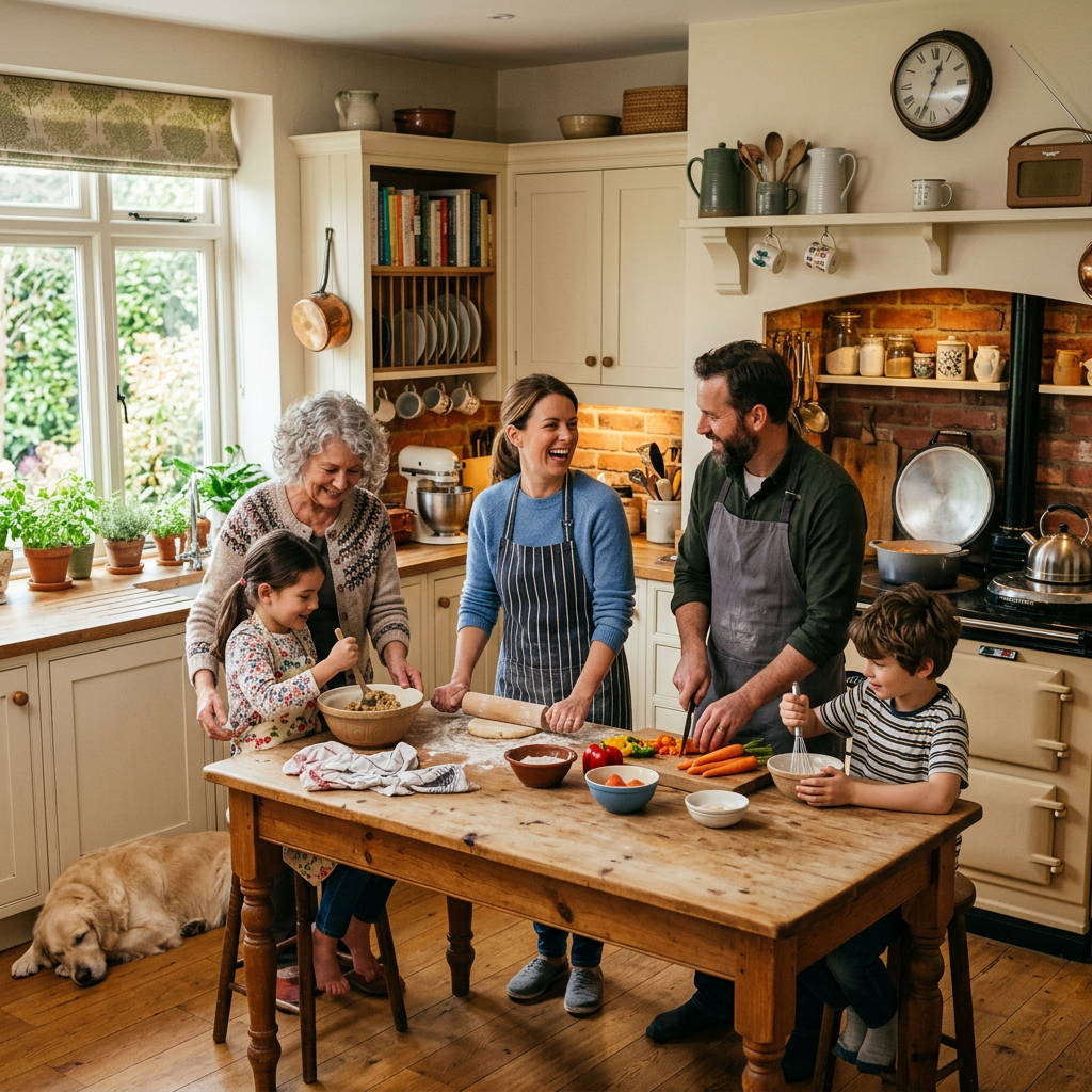 Multi-generational family preparing food together in a cozy kitchen