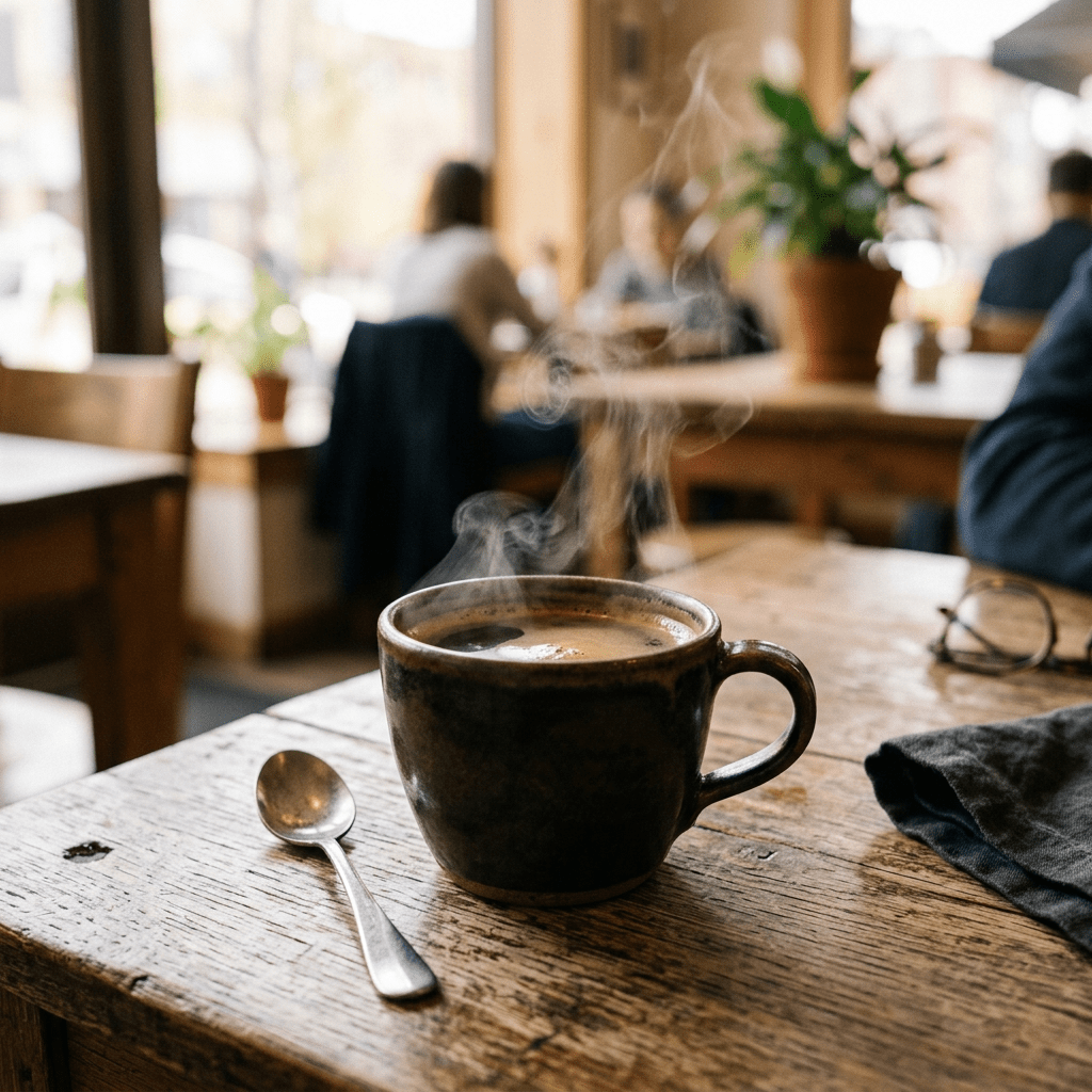 Steaming cup of coffee on rustic wooden table with spoon
