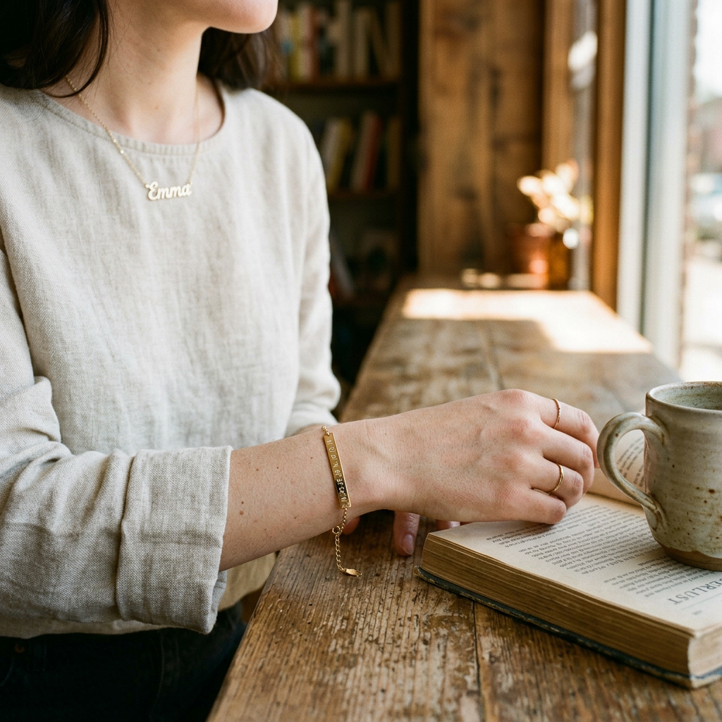 Woman wearing a linen shirt and gold jewelry reading a book with a coffee mug nearby